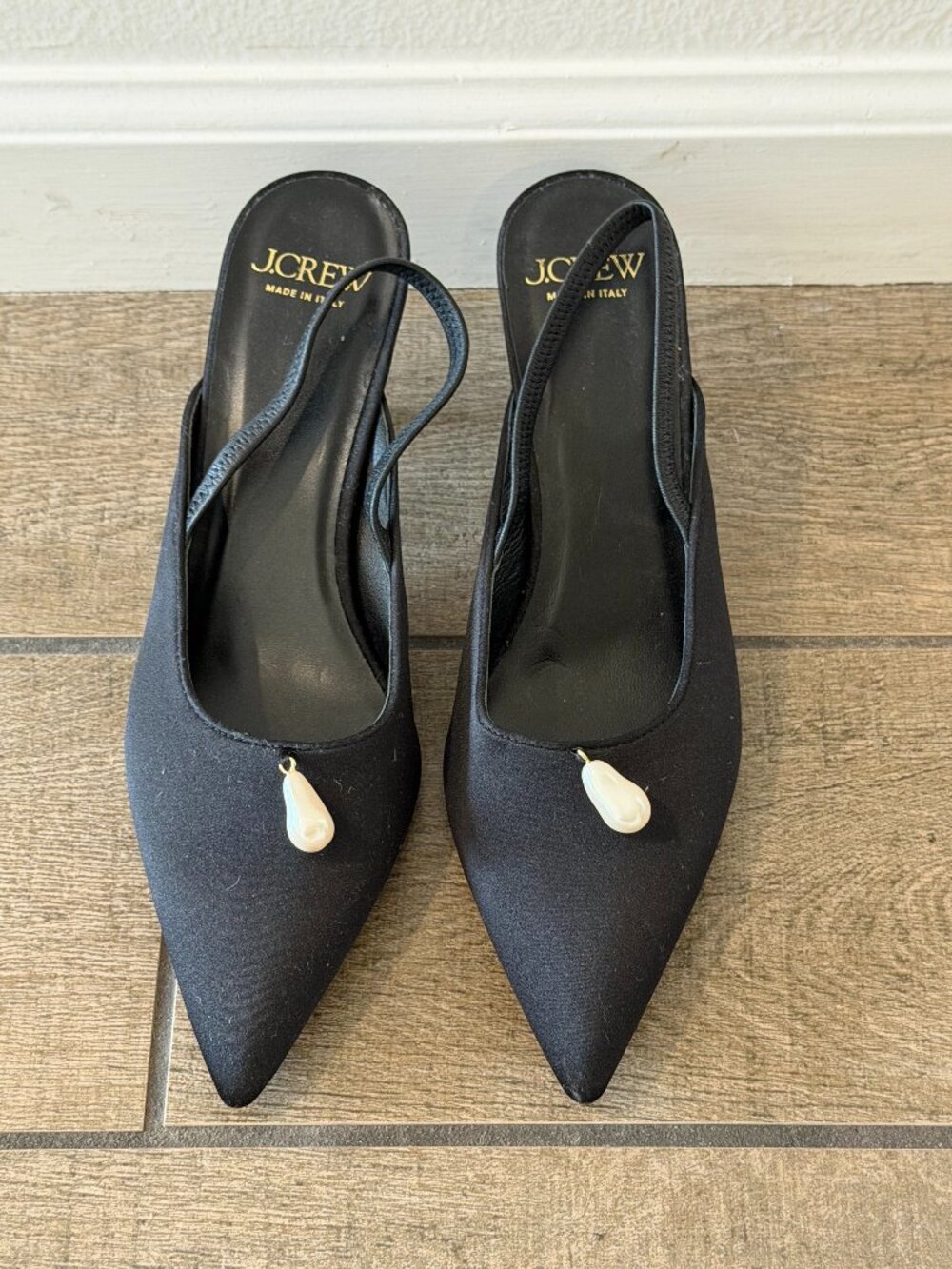 J.Crew Made in Italy Black Satin Pearl Kitten Heel Slingback Size 8.5